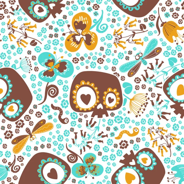 Cute seamless pattern with silhouettes of cartoon sugar skulls, blooming summer plants, goggle eyed butterflies and worms against white background. Vector illustration for wrapping paper, wallpaper. — Stock Vector