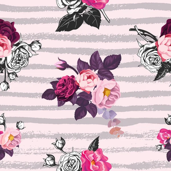 Hermoso patrón sin costuras con racimos de medio color de flores de rosas silvestres sobre fondo rosa con rastros de pintura horizontal gris. Ilustración vectorial para papel de envolver, papel pintado, impresión textil . — Vector de stock