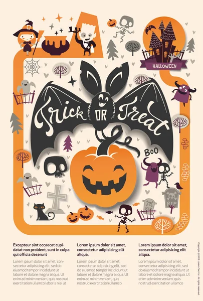 Jolies vacances Joyeux modèle de flyer Halloween avec drôle et effrayant chauve-souris de dessin animé, citrouille et endroit pour le texte. Illustration vectorielle pour invitation de fête, carte de vœux, bannière d'annonce . — Image vectorielle