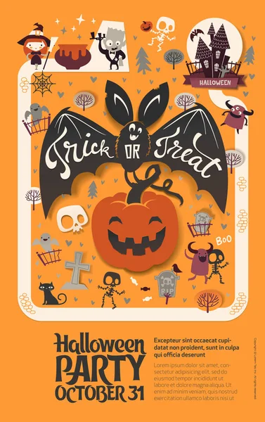 Boldog Halloween ünnep szórólap sablont vicces rajzfilm mosolygó denevér szárnya terjedését és Trick or Treat betűkkel, szállító faragott Halloween tök narancssárga háttérrel. — Stock Vector
