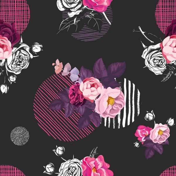 Elegante patrón sin costuras con ramos de flores de rosas silvestres a medio color y círculos de diferentes texturas sobre fondo negro. Ilustración vectorial en estilo vintage para impresión de tela, papel de envolver . — Vector de stock