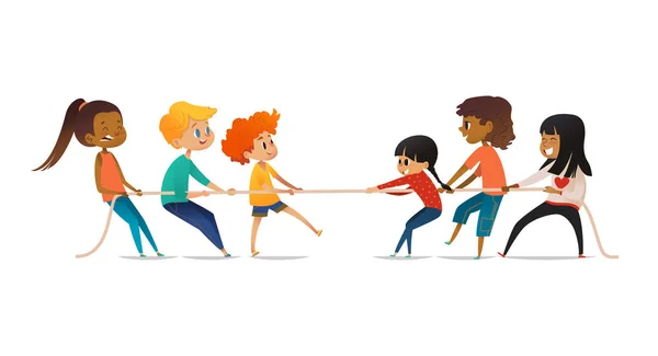 Excited boys and girls pulling rope. Tug of war competition between two children teams. Concept of sports activity for kids. Funny cartoon characters isolated on white background. Vector illustration. — Stock Vector