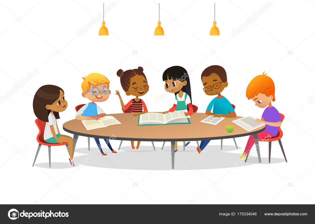 Boys and girls sitting around round table, studying, reading books and discuss them. Kids talking to each other at school library. Cartoon vector illustration for banner, poster, advertisement. Stock Vector Image by © Boys and girls sitting around round table, studying, reading books and discuss them. Kids talking to each other at school library. Cartoon vector illustration for banner, poster, advertisement. Stock Vector Image by ©