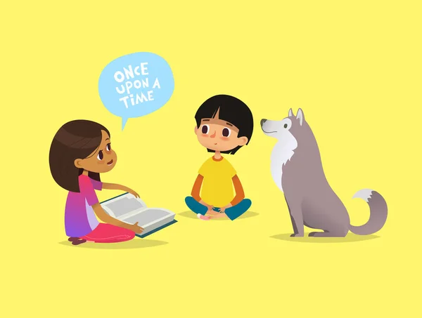 Linda niña se sienta en el suelo y le cuenta cuento de hadas a su amigo y perro mascota. Niños leyendo cuentos de hadas. Concepto de actividad educativa para niños. Dibujos animados vector ilustración para cartel . — Vector de stock