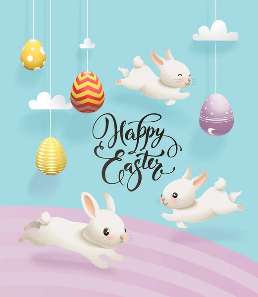 Coloridos huevos decorativos colgando de cuerdas, nubes, lindos conejos blancos y feliz Pascua escrita a mano inscripción. Ilustración vectorial para tarjeta de felicitación, banner de vacaciones, póster, invitación de fiesta — Vector de stock