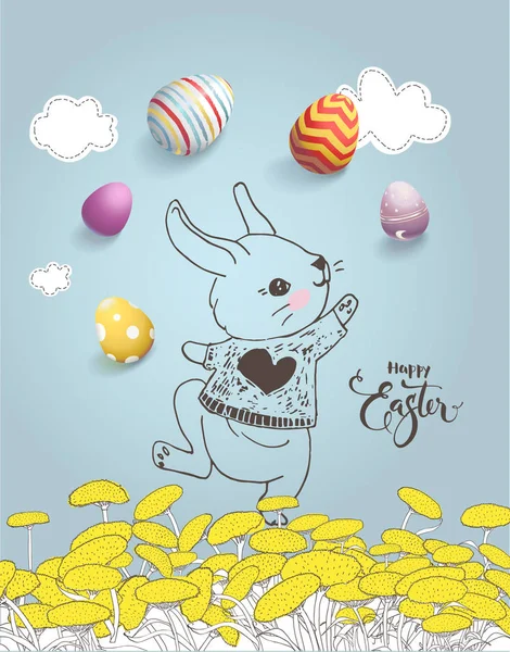 Симпатичный ручной рисунок кролика на одуванчике, красочные яйца, надпись "Счастливая Пасха", написанная от руки каллиграфическим шрифтом на синем фоне. Векторная иллюстрация для поздравительных открыток, плакатов — стоковый вектор