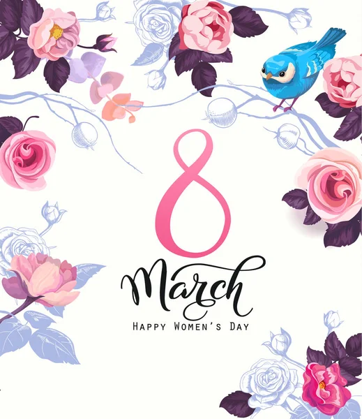 Feliz día de las mujeres postal, invitación a la fiesta o plantilla de banner festivo con letras elegantes, flores de rosa rosa silvestre, pájaro azul sobre fondo blanco. Ilustración vectorial para la celebración 8 marzo . — Vector de stock