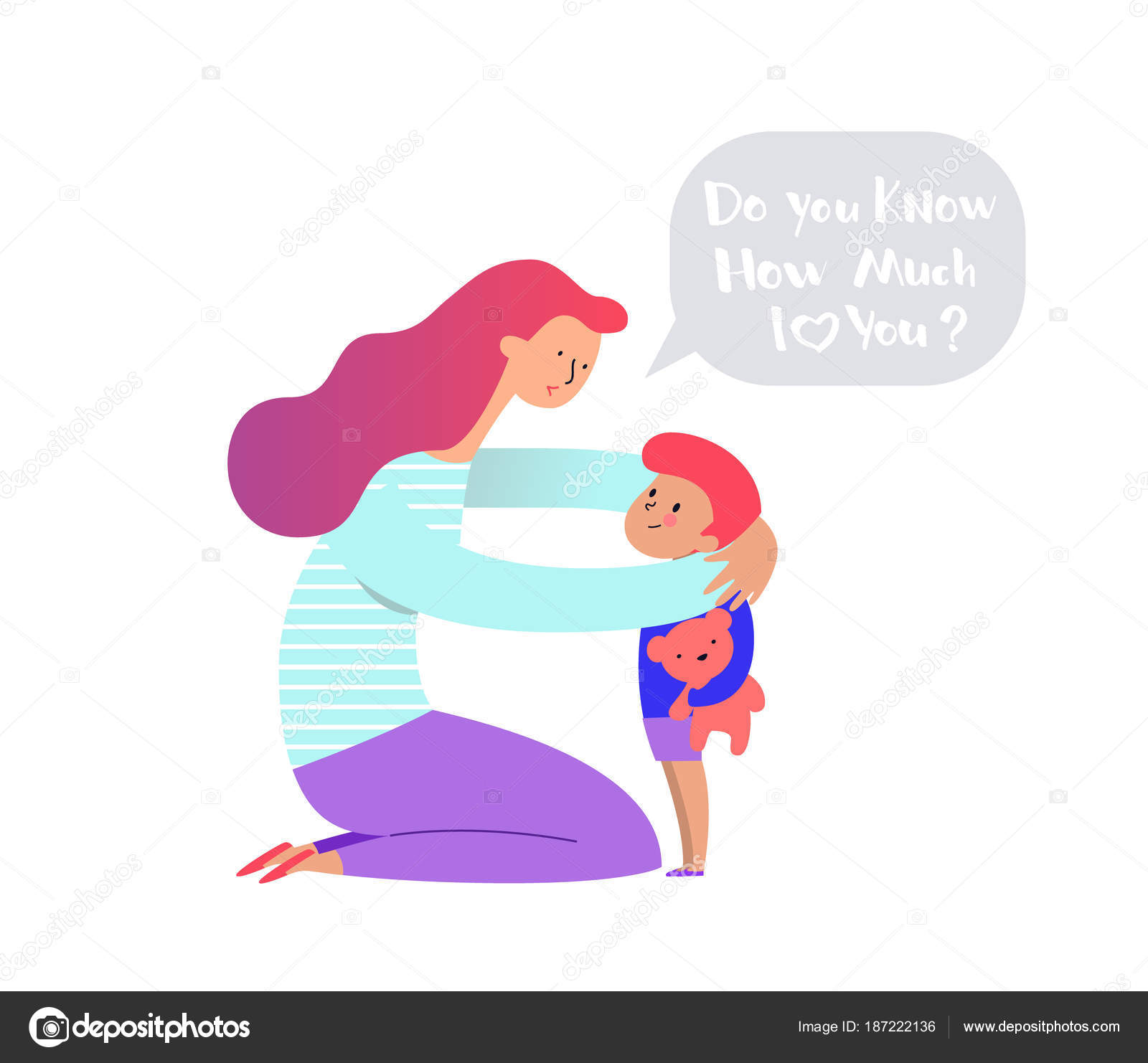 Mom hugging her child boy holding teddy bear and talking to him. Mother embracing little son and expressing love and care. Lovely cartoon characters isolated on white background. Vector illustration. Stock Vector Mom hugging her child boy holding teddy bear and talking to him. Mother embracing little son and expressing love and care. Lovely cartoon characters isolated on white background. Vector illustration. Stock Vector