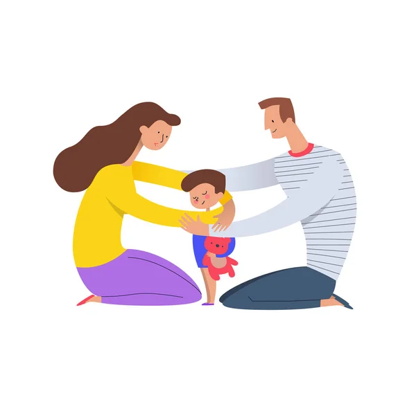 Ouders knuffelen zoon. Pappa en mamma omarmen hun kind houden teddybeer. Concept van liefdevolle familie en gelukkig ouderschap. Platte stripfiguren geïsoleerd op een witte achtergrond. Vectorillustratie. — Stockvector