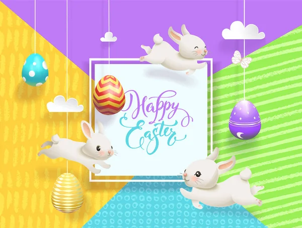 Счастливая пасхальная открытка украшенные яйца висит на струнах абстрактного фона, смешные маленькие кролики, квадратная рамка и счастливая пасхальная рука надписи. Векторная иллюстрация для праздничных открыток — стоковый вектор