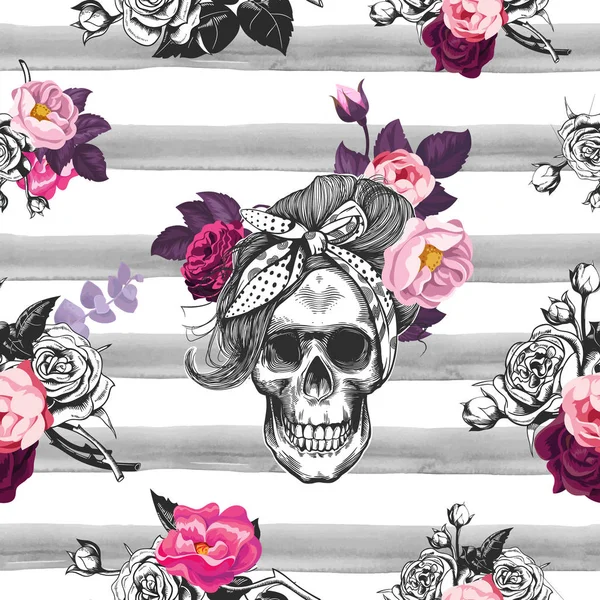 Бесшовный рисунок хипстера с силуэтами черепа, цветочными розами и акварельными полосами на заднем плане. Силуэт черепа в гравюре. Черное и белое . — стоковый вектор