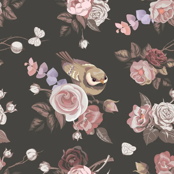 Цветочный бесшовный узор с цветными букетами роз и милой маленькой птичкой на заднем плане. Векторная иллюстрация в стиле ретро для обоев, текстильной печати, оберточной бумаги — стоковый вектор