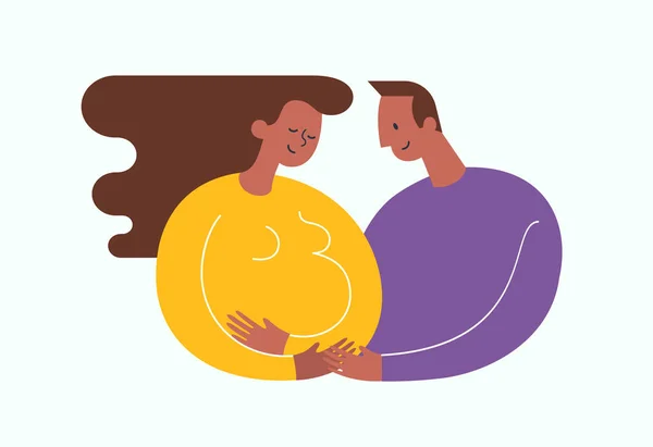 Femme afro-américaine enceinte caressant son ventre. Joyeux papa l'embrassant. Joyeux concept de maternité et d'attente du bébé. Illustration vectorielle moderne — Image vectorielle
