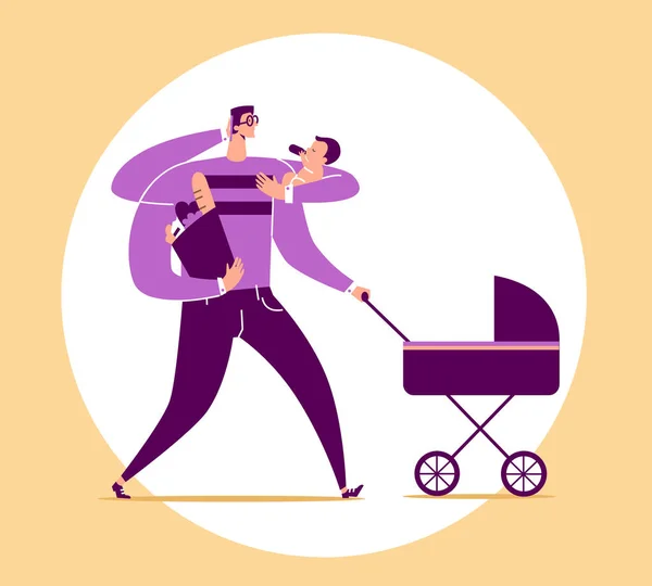 Muž se čtyřmi rameny nese dítě, kočárek, tašku s potravinářských výrobků a rozhovory na telefonu. Multifunkční koncept nebo multitasking táta, super otec a moderní otcovství. Kreslené vektorové ilustrace — Stockový vektor