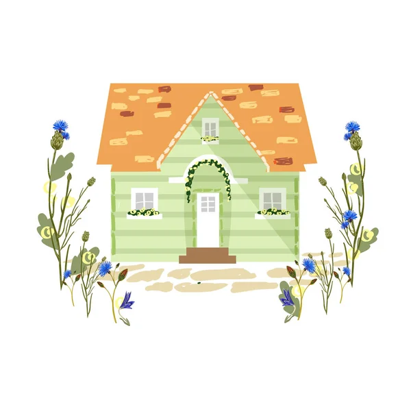 花のあるかわいい緑の家と周りの花壇 フラットデザイン 抽象的な漫画のアーキテクチャのイラスト ホームスイートホーム スケッチイラスト ポストカード — ストック写真