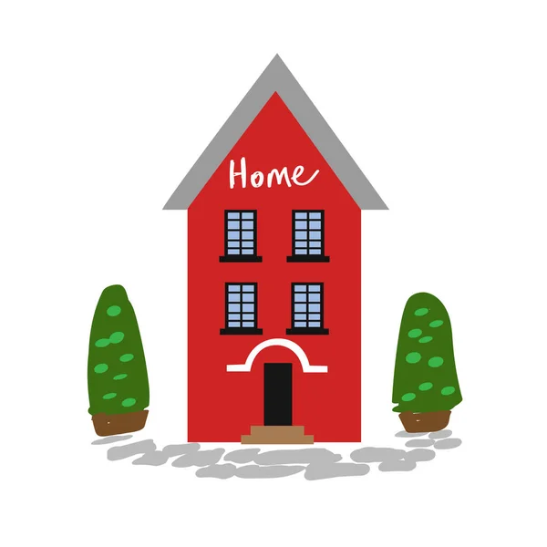 Residential red house on a white background. Flat design city landscape.  illustration of abstract cartoon architecture. Home Sweet Home. Sketch illustration.