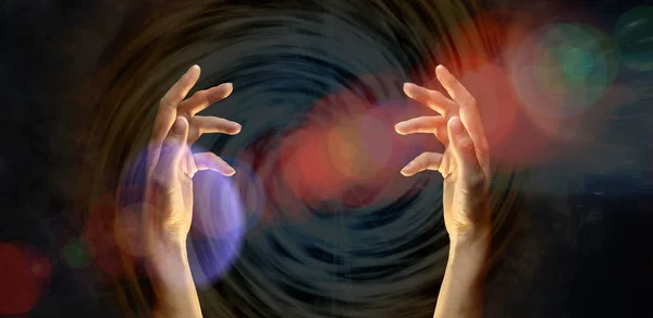 Two female hands opposite each other, radiating magical light. The concept of divination, mysticism, prediction of the future.Elements of this image are provided by NASA. Banner, star background. — Stock Photo, Image