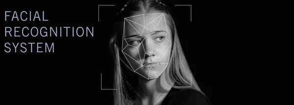 Futuristic and technological scanning of a beautiful woman\'s face on a black isolated background for face recognition. Concept: personal security, scanning. Copy space, black and white minimalism