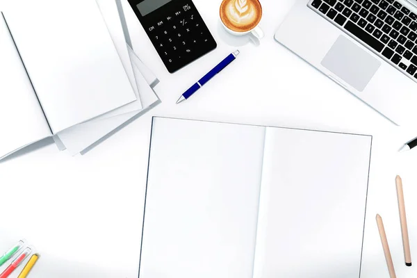 Office desk table with labtop computer,blank magazinesmart phone and coffee cup. Top view with copy space,3D rendering — Stock Photo, Image