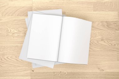 Katalog, dergi boş, sahte ahşap arka plan üzerinde kitap