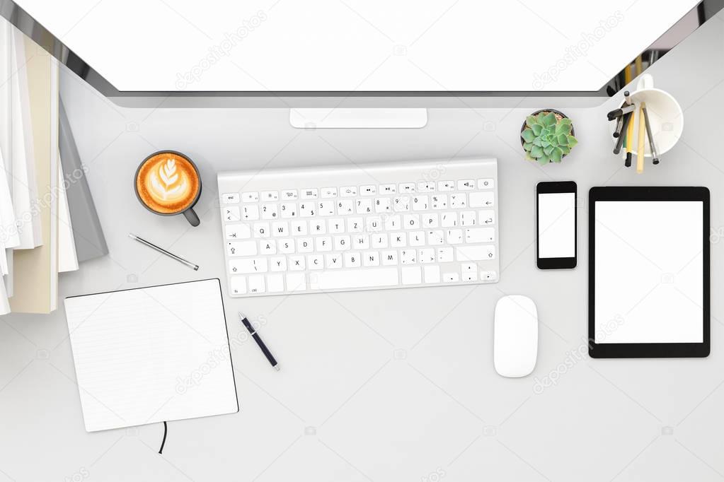 Front view of workpark with blank white computer screen, coffee cup, and book in home work. Mock up,. 3D render