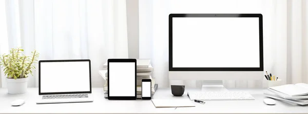 空白の白いコンピューター画面、タブレットやスマート フォンと workpark の正面し、家の仕事の本します。模擬します。3 d のレンダリング — ストック写真