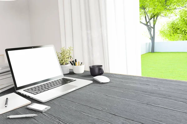 Workpark ile boş beyaz bilgisayar perde, kahve fincanı, görünümünü ön ve ev çalışmalarında yaptırın. Alay etmek yukarıya, 3d çizim