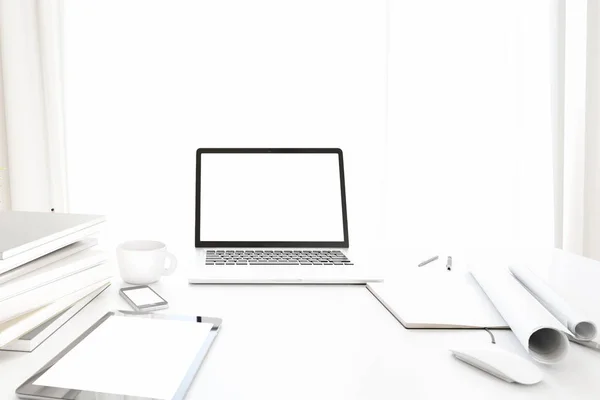 Front view of workpark with blank white computer screen, coffee cup, and book in home work. Mock up, 3D illustration — Stock Photo, Image