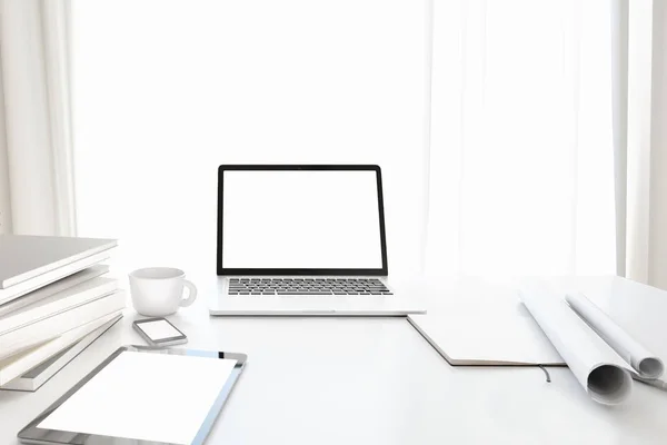 Front view of workpark with blank white computer screen, coffee cup, and book in home work. Mock up, 3D illustration — Stock Photo, Image