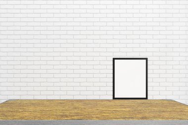 İç boş ahşap masa ve çerçevelemek--dan mockup tasarım, 3d çizim ve işleme Oda, tasarım için alanı boş beyaz tuğla duvar