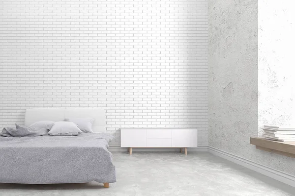 현대 로프트 침실 흰색 벽돌 벽과 오래 된 콘크리트 디자인, 3d 렌더링 이미지 — 스톡 사진