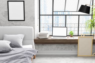 Çatı katı yatak odası eski beton tasarımı iş park laptop, 3d render resim sahte ile modern