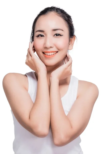 Mutlu Asyalı genç kadın güzel beyaz arka plan üzerinde düşünmek jest duruş ile — Stok fotoğraf