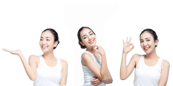 Asyalı genç kadın güzel gülümseme, beyaz arka plan üzerinde küme kavramı güzellikleri kozmetik mevcut — Stok fotoğraf