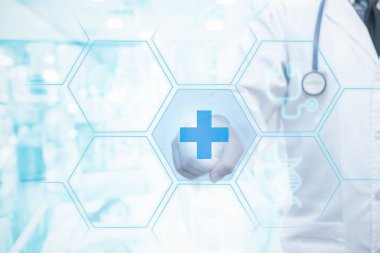 Sağlık ve tıbbi kavramlar, doktor el hasta yatak arka plan üzerinde bir ekranla temas