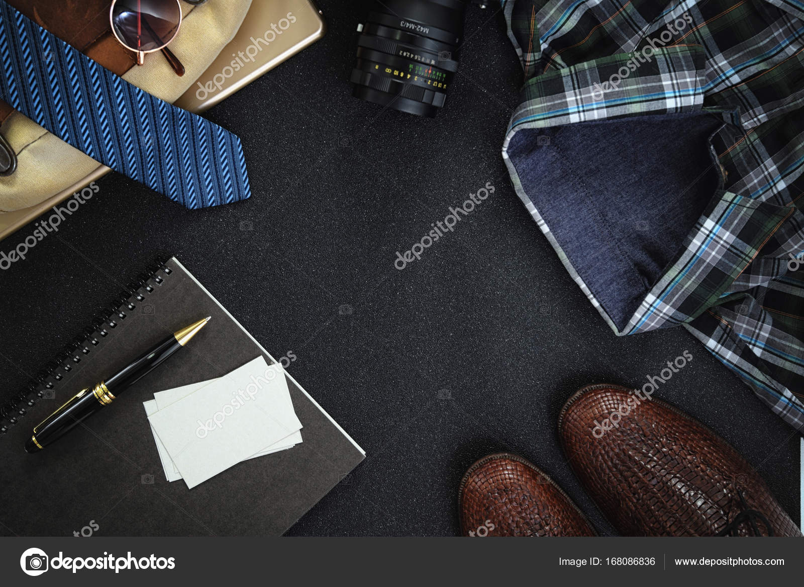 Men Clothing and Accessories shoes, glasses, shirt and name card on ...