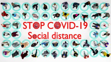 Coronavirus kavramından kaynaklanan sosyal mesafe enfeksiyonu önleme: Solunum virüsü konseptinin yayılmasını durdurmak için kişi arasında 1-2 metre üst görünüm. 3d oluşturma.
