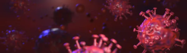 ウイルスや細菌の細胞顕微鏡は 世界的なインフルエンザの発生とストップコロナウイルスのパンデミックの原因となる広いバナーの背景 Covid 19コロナウイルスの背景を閉じます ウイルスの概念 3Dレンダリング — ストック写真
