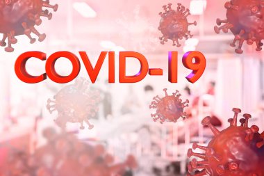 Bulanık hastane geçmişinde COVID-19 Coronavirus, Tanınmayan Doktorlar ve hemşireler acil olarak hasta geçmişine yardım ediyorlar, STOP COVID-19 Coronavirus salgını konsepti. 3d oluşturma.