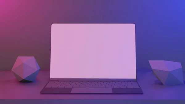 ミニマリズムノートパソコン テーブルの上の幾何学的なオブジェクトからの作品青いピンクのネオン鮮やかな光の背景 3Dラスタレーションと — ストック写真