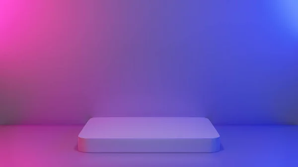概要現在のコンテンツ広告バナー製品のデザインモックアップのためのブルーピンクの活気あるライトステージで空の台座 3Dイラスト — ストック写真