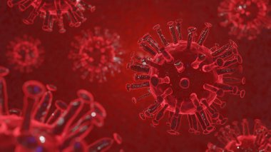 Kırmızı virüs ya da bakteri hücreleri mikroskop arka plan için kapanır. COVID-19 Coronavirus geçmişi, dünya grip salgını ve STOP koronavirüs salgınından sorumlu. Virüs konseptini kapat. 3d oluşturma.