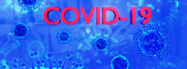 Virüs veya bakteri hücreleri mikroskop geniş afiş arkaplanı, COVID-19 Coronavirus arka planı, dünya grip salgını ve STOP koronavirüs salgınından sorumludur. Virüs konsepti 3d oluşturma.