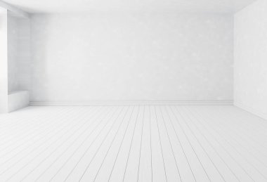 Boş beyaz iç oda arka planı, boş beyaz duvarlar köşesi ve mevcut içerik reklamları ürün tasarımının içerik görüntüleme ürünü için beyaz ahşap zemin, 3D illüstrasyon.