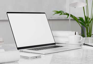Ev içi iş parkında dizüstü bilgisayarın boş beyaz ekranını kapat, evden çalış veya ev konseptinde video derslerine odaklan, Tasarımını beyaz ekran laptopunda yeniden düzenle, 3D illüstrasyon.