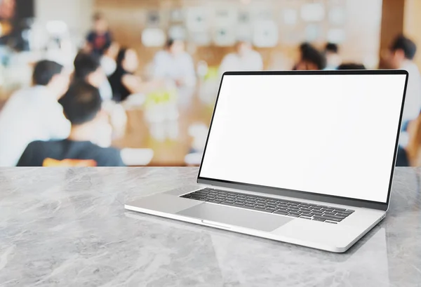 Close up of laptop blank white screen on blurred business people meeting brainstorm Solve problem or expand business concept, Easy replace your design in white screen laptop mockup, 3D illustration