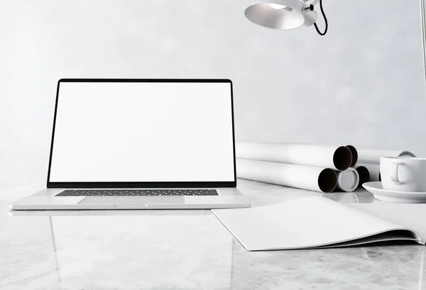 Close up of laptop blank white screen in home interior workpark , working from home or leaning by video tutorials at home concept ,Easy Repack your design in white screen laptop mockup,3D illustration.