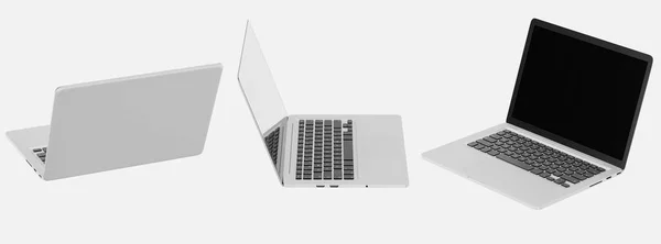 現代のコンピュータのラップトップ現在の広告製品やウェブページのデザインのモックアップのための白い背景にクリッピングマスクで隔離されたオープンホワイトスクリーン 3Dレンダリングイラスト — ストック写真