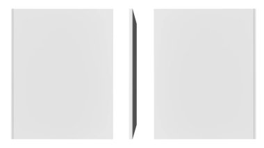 Kapak tasarımı için kırpma yolu ile beyaz zemin üzerinde yüzen eyer modeliyle açık dergi kitabı, 3D illüstrasyon