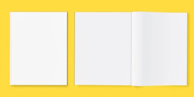 Kapak tasarımı için kırpma yolu ile beyaz zemin üzerinde yüzen eyer modeliyle açık dergi kitabı, 3D illüstrasyon